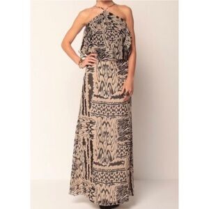 NEW BCBGMaxAzria 100% Silk Tan & Black Tribal Print Maxi Dress Size 2